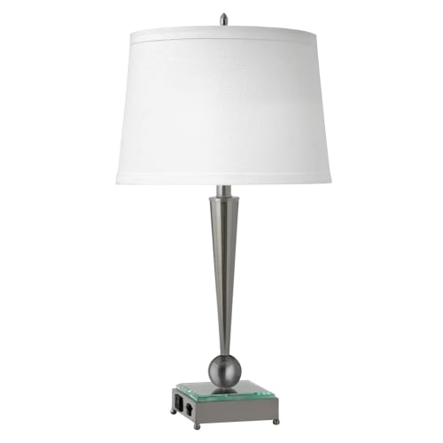 Double Light Desk Lamp, Brushed Steel Finish, White Hardback Linen Shade